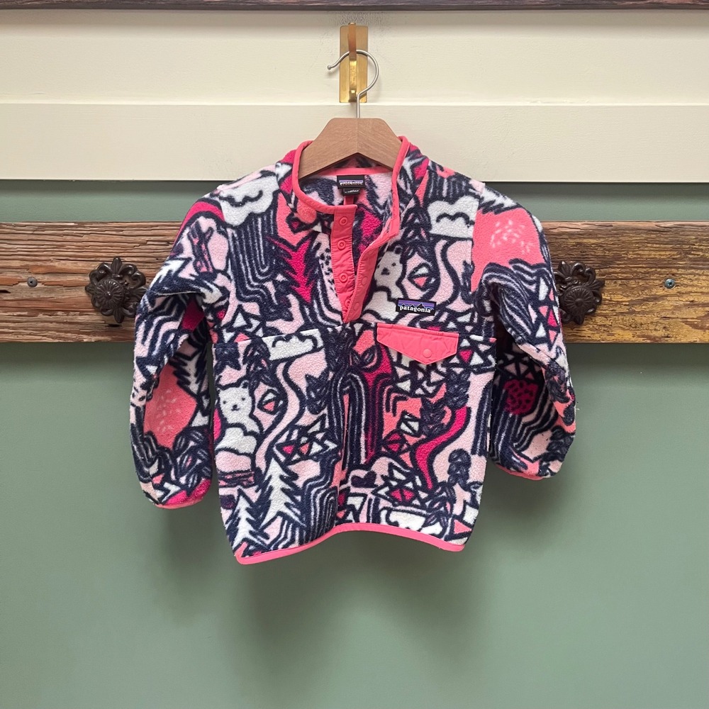 Patagonia Kids Synchilla Snap-T Fleece Pullover Pink Navy Forest Print 4T